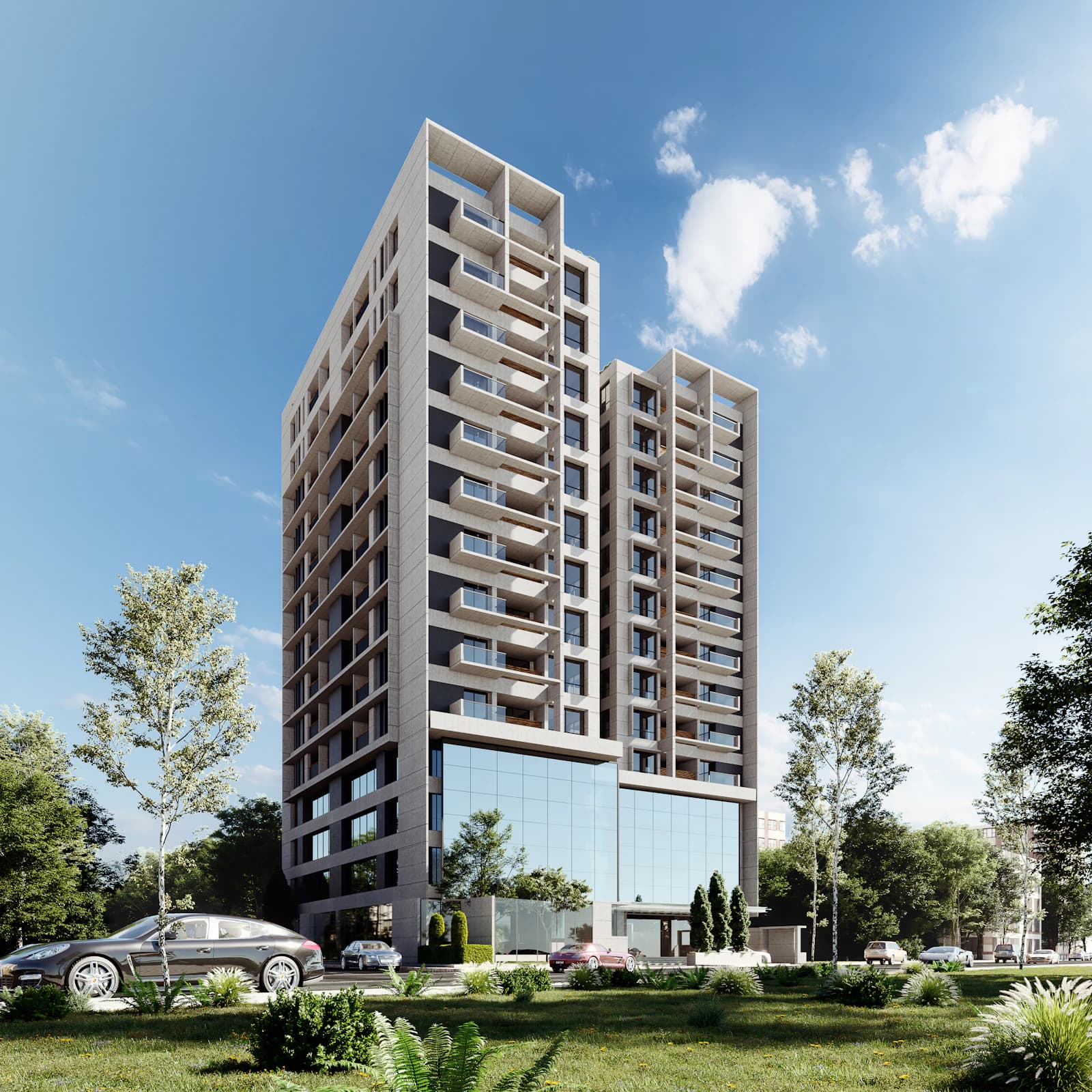 High-rise residential building with glass balconies