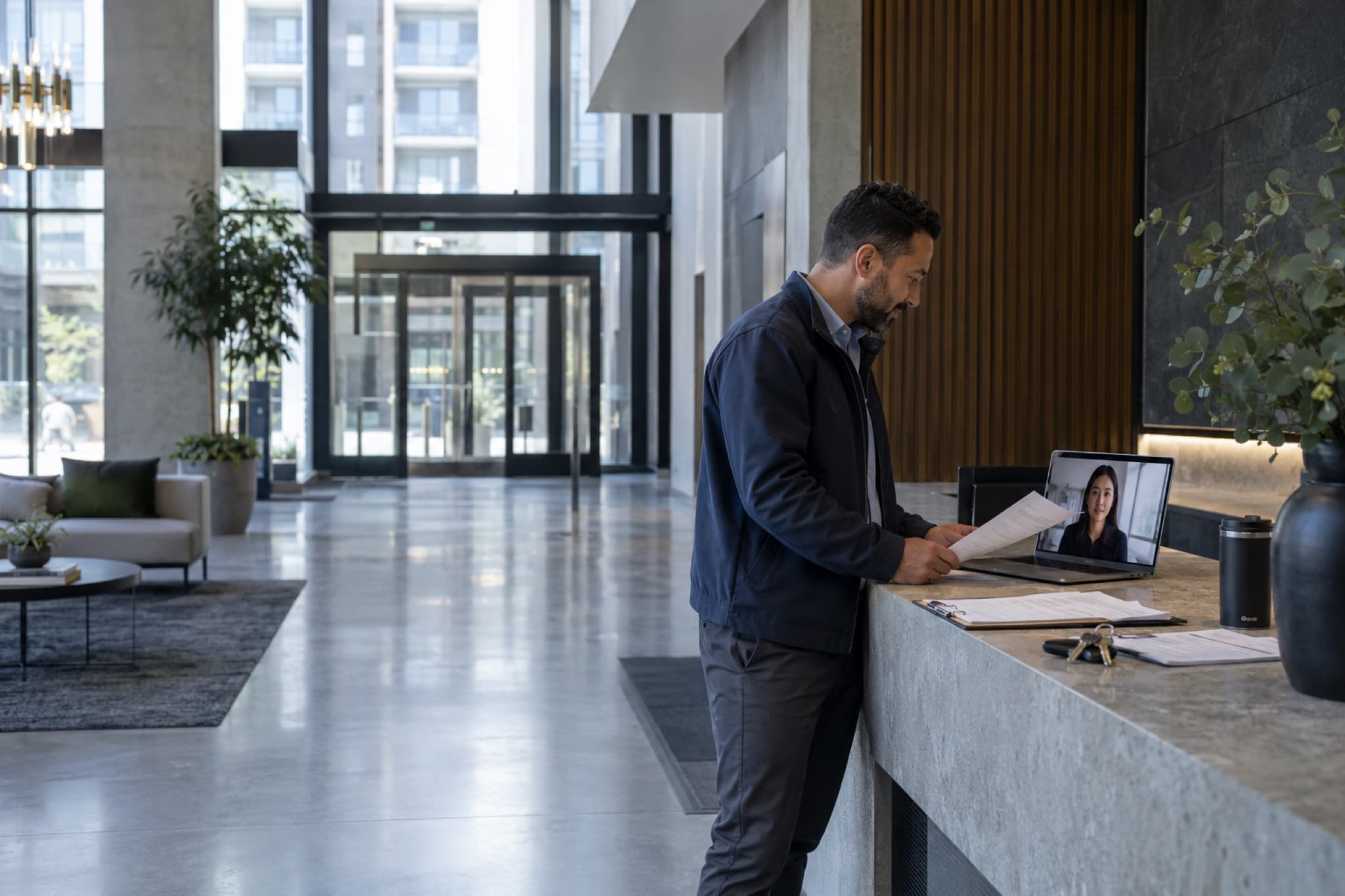 Property operations manager reviewing a documented handoff with a remote assistant