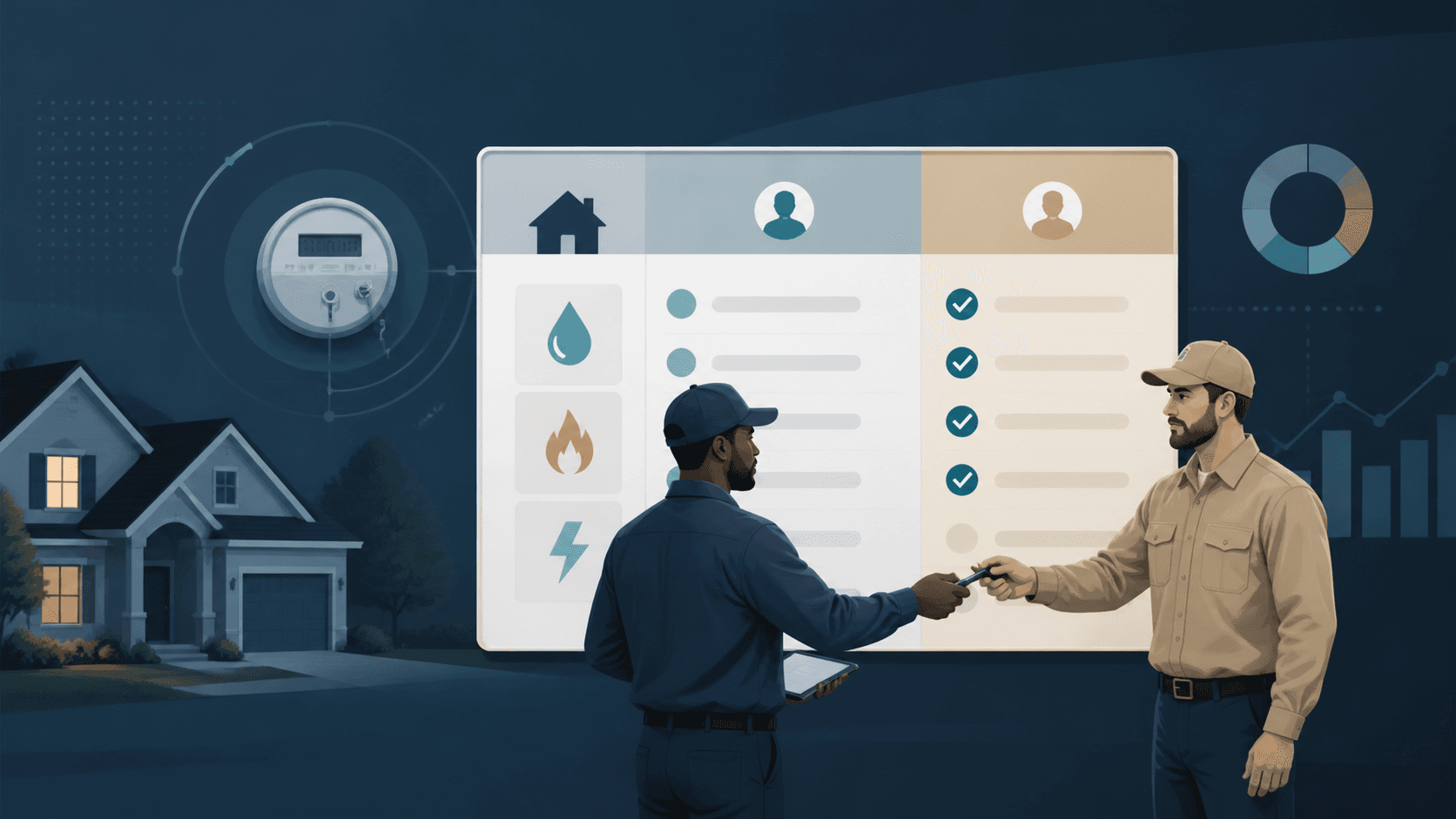 Property management utility start stop verification data branded research graphic